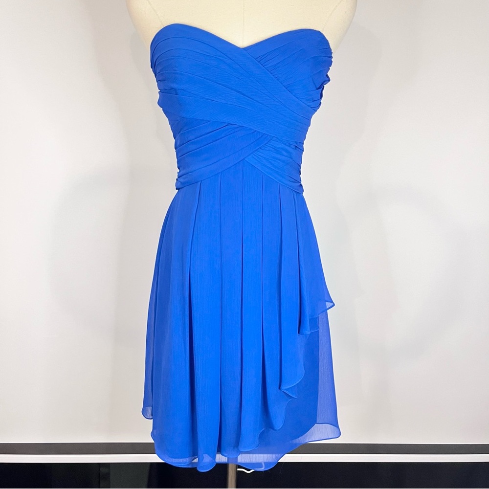 DAVID’S BRIDAL Cobalt Blue Short Crinkle Chiffon Strapless Mini Dress 2